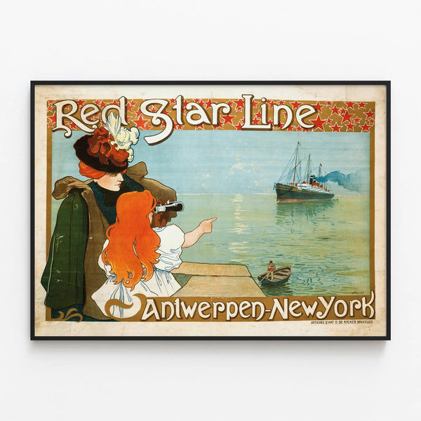 Vintage Red Star Line Antwerp-New York Poster for Wall Decoration — framed artwork on a wall