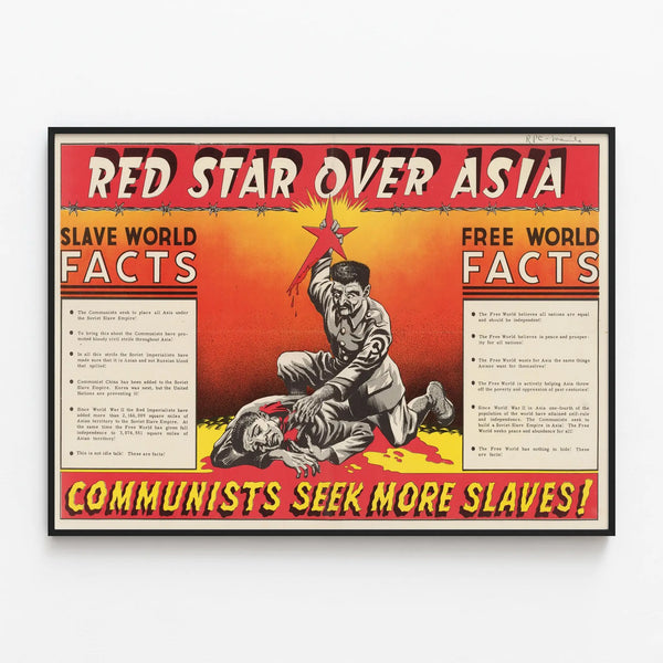 Vintage Red Star Poster on Asia - Political Wall Decoration — framed artwork on a wall