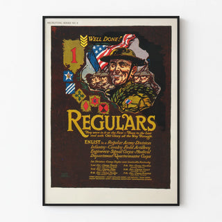 Vintage military poster of Regulars with soldier and American flag