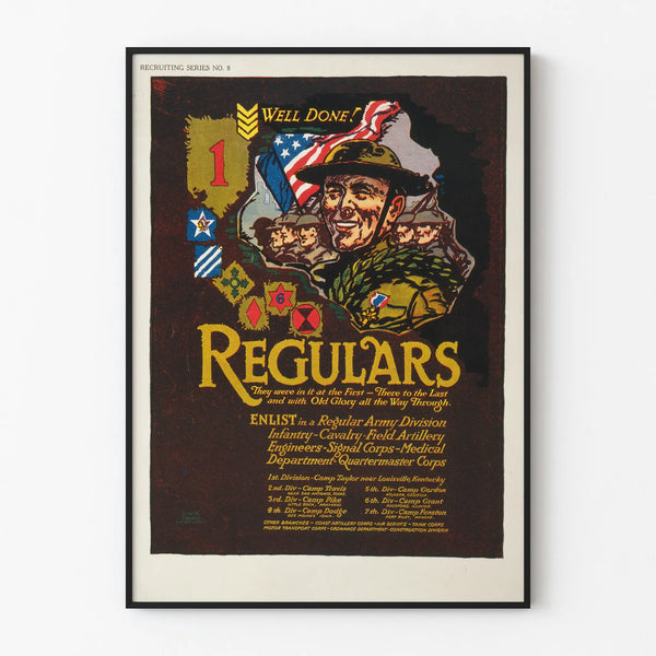 Vintage military poster of Regulars with soldier and American flag