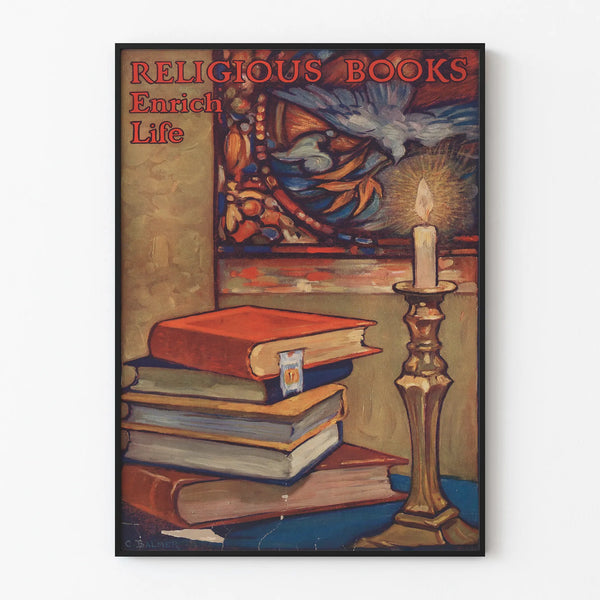 Religious wall decoration poster with books and candle
