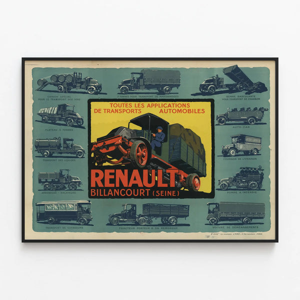 Vintage Renault Billancourt Poster for All Automotive Transport Applications — framed artwork on a wall