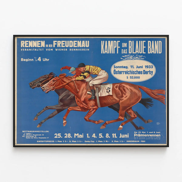 Vintage Poster Horse Racing Rennen in der Freudenau 1933 — framed artwork on a wall