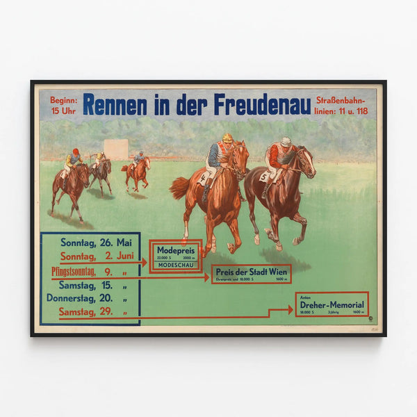 Vintage poster of horse racing Rennen in der Freudenau — framed artwork on a wall