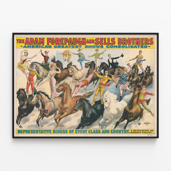 Vintage Circus Equestrian Decorative Poster Depicting Riders — framed artwork on a wall