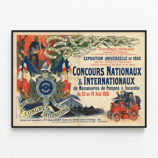 Original Poster of the 1900 Universal Exposition Fire Hose Competition — framed artwork on a wall