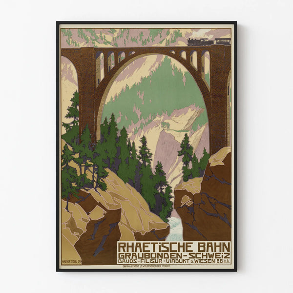 Vintage poster of the Rhaetian Railway - Davos-Filisur Viaduct Bridge in Switzerland