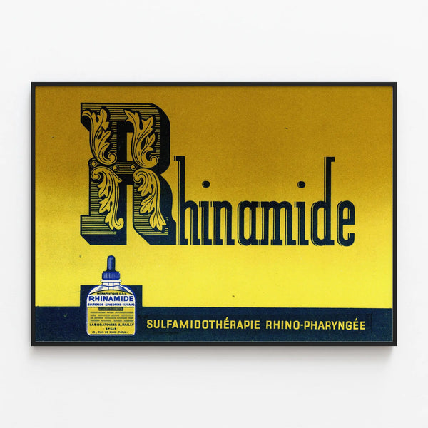 Vintage poster of rhinamide sulfamide therapy for rhinopharyngitis — framed artwork on a wall