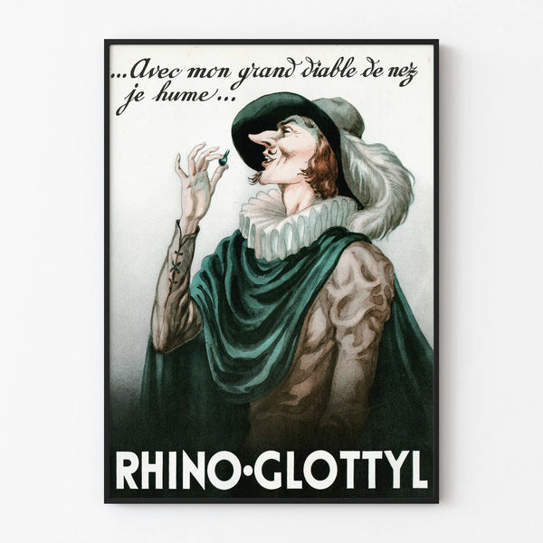 Vintage poster of Rhino-Glottyl with a caricature illustration featuring a prominent nose
