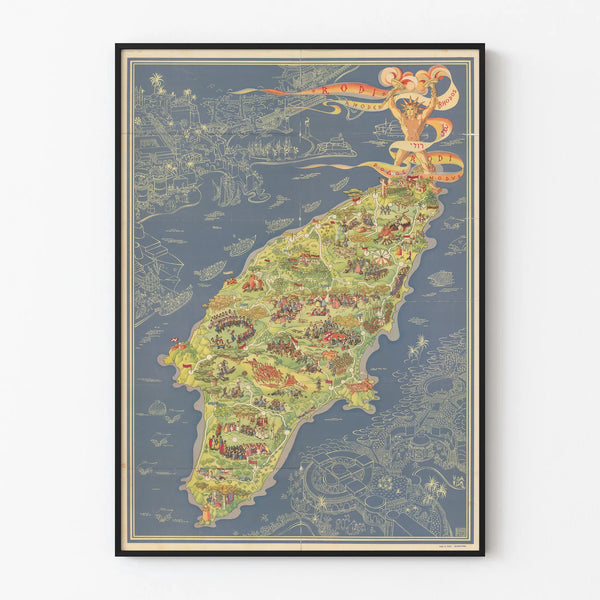 Decorative poster of illustrated map of Rhodes