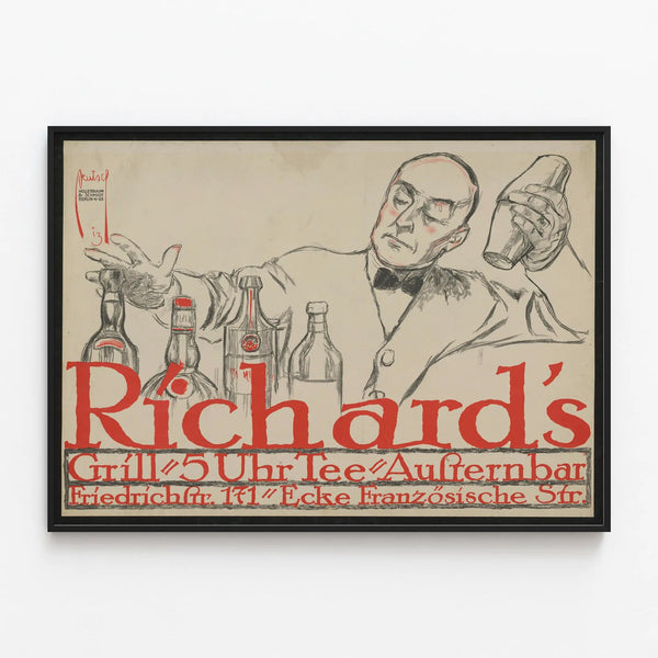 Vintage Richards Poster - Illustration of a Barman at the Shaker — framed artwork on a wall