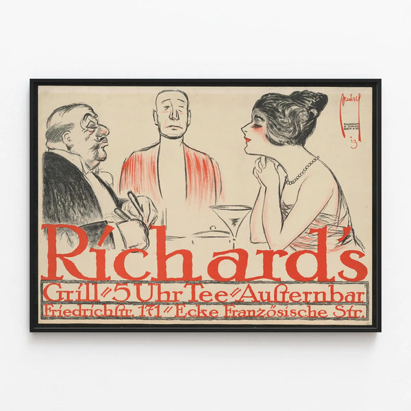 Vintage poster Richards Grill Three diners at the table — framed artwork on a wall