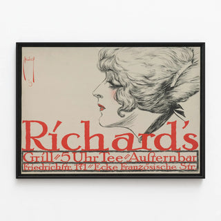 Vintage Richards poster with stylized female profile — framed artwork on a wall
