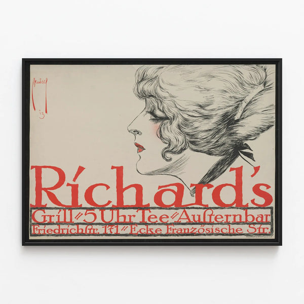 Vintage Richards poster with stylized female profile — framed artwork on a wall