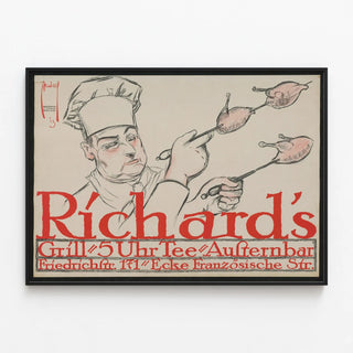 Vintage poster of a chef at the grill with skewered chickens — framed artwork on a wall