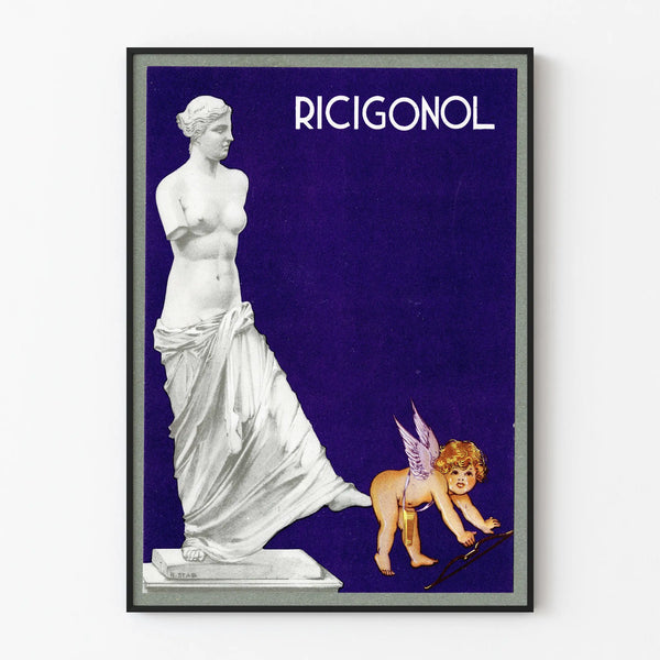 Vintage Ricigonol poster with statue and Cupid