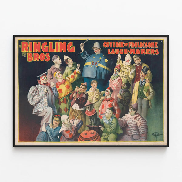 Vintage Poster of Ringling Bros Coterie of Frolicsome Laugh Makers — framed artwork on a wall