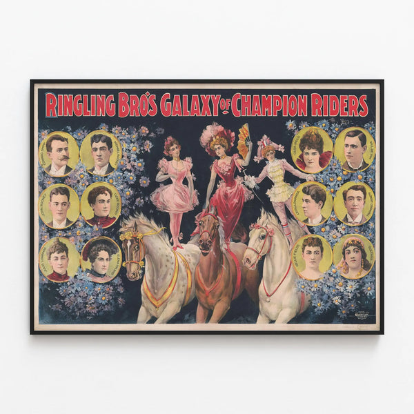 Vintage Poster Ringling Bros Galaxy of Champion Riders — framed artwork on a wall