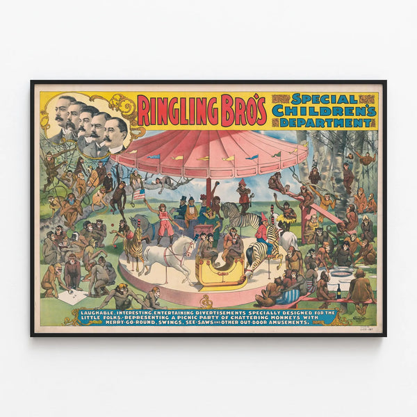 Decorative poster Ringling Bros Special for children - Monkeys and vintage carousel — framed artwork on a wall