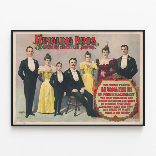 Vintage poster of Ringling Bros World's Greatest Shows - The Da Coma family acrobats — framed artwork on a wall