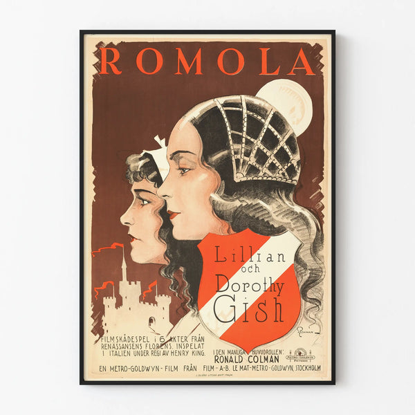 Vintage poster of Romola with female portraits and medieval castle