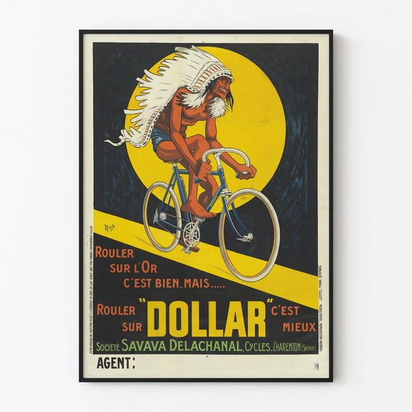 Vintage advertising poster for Dollar bicycle with indigenous cyclist