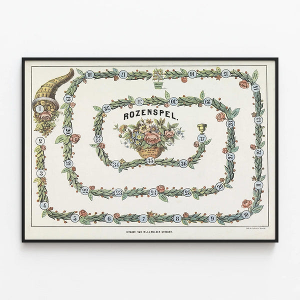 Vintage Game of the Goose Floral Poster Rozenspel — framed artwork on a wall
