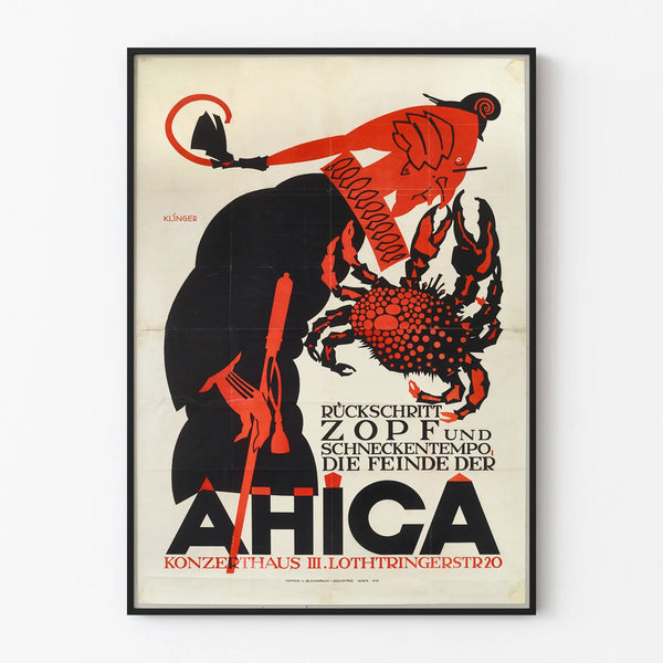 Vintage artistic poster AHIGA with red and black illustration