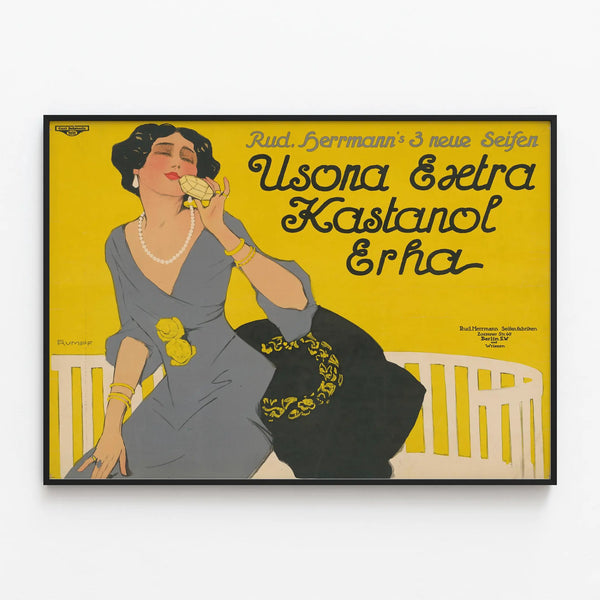 Vintage poster of Rudolf Herrmanns soap - Usona Extra Kastanol Erha — framed artwork on a wall