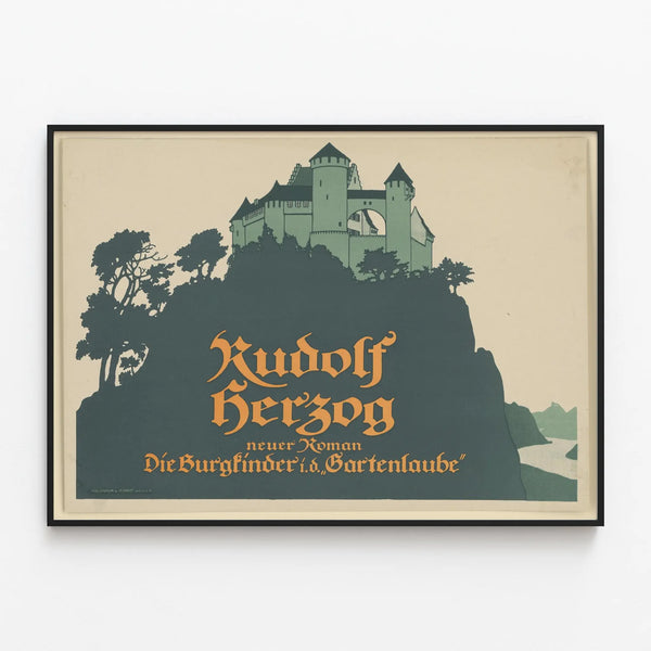 Vintage poster of a castle and typography in Gothic style — framed artwork on a wall