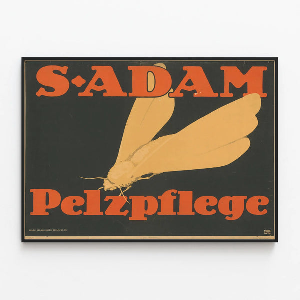 Vintage poster S-Adam Pelzpflege with contrasting colors — framed artwork on a wall