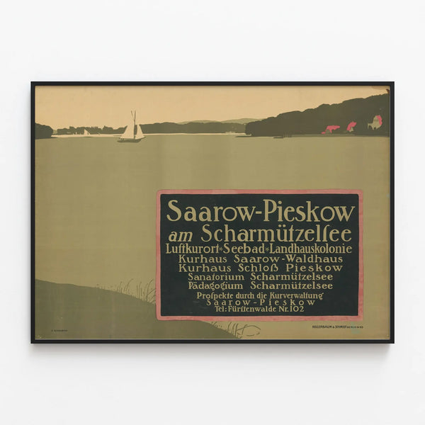 Vintage poster of Saarow-Pieskow by the shores of Lake Scharmützelsee — framed artwork on a wall