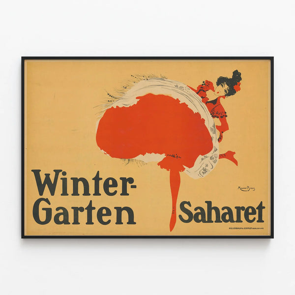 Vintage poster Winter-Garten Saharet red and black — framed artwork on a wall