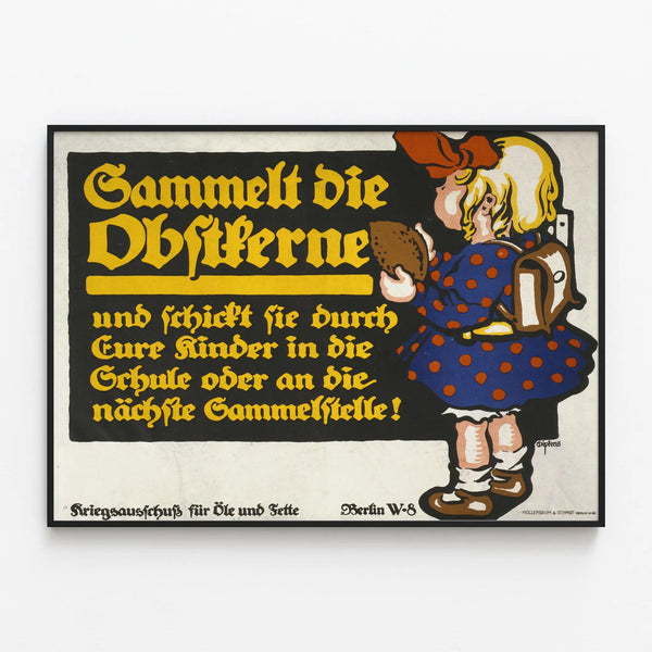 German vintage fruit seed collection poster — framed artwork on a wall