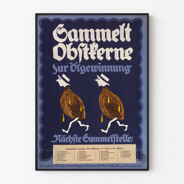 Vintage German poster for fruit pit collection for oil production
