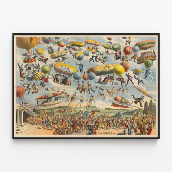 Vintage poster of Dr. Farceur's aerial sanatorium - Fantasy aerial wall decoration — framed artwork on a wall