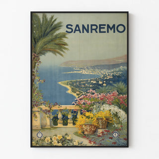 Vintage Sanremo poster with panoramic view and flowers