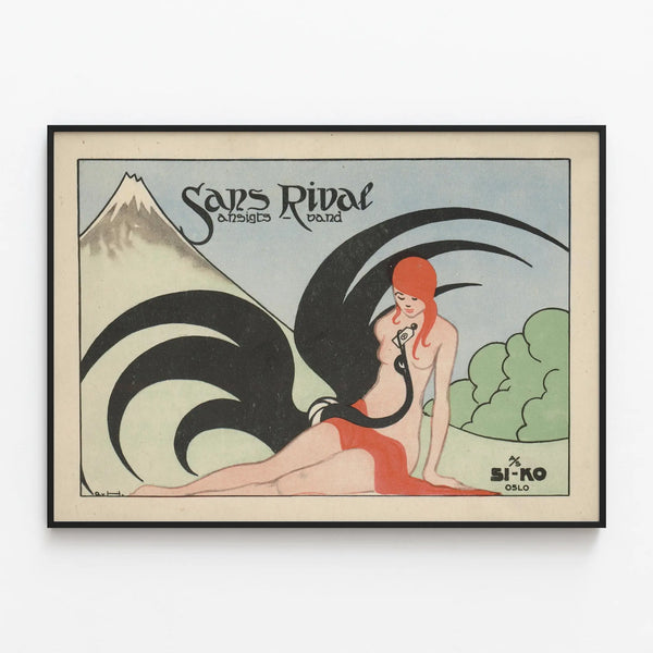 Vintage Poster Sans Rival with Woman and Rooster Art Deco — framed artwork on a wall