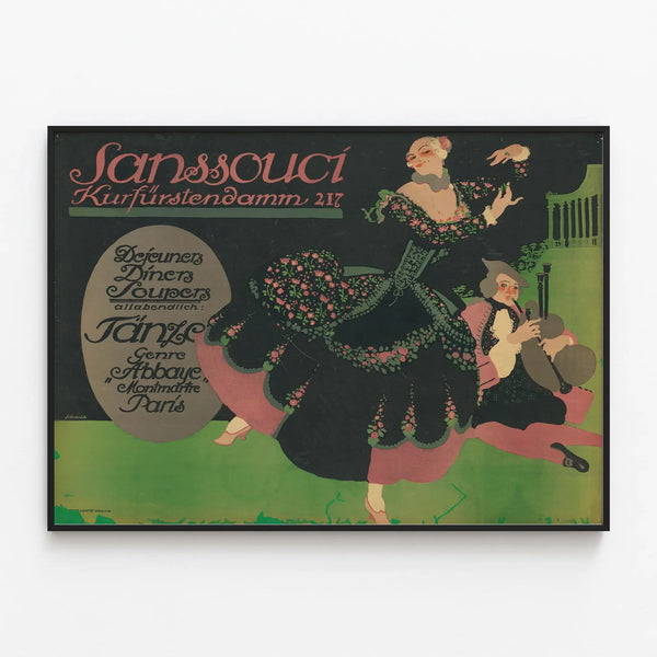 Vintage Poster Sanssouci Breakfasts Lunches Dinners Supper — framed artwork on a wall
