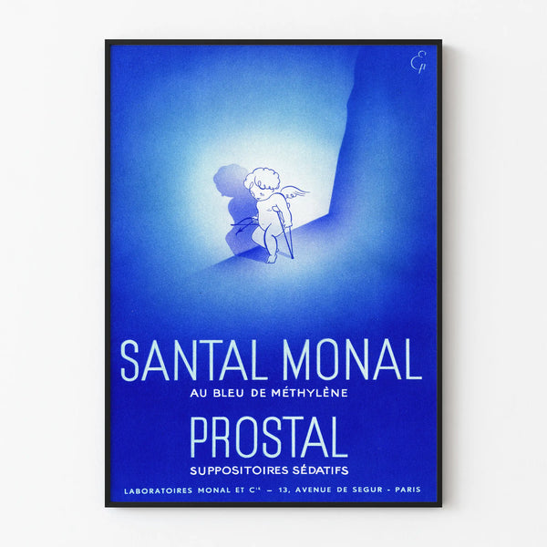 Vintage Santal Monal Prostal advertising poster in methylene blue