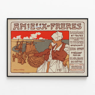 Vintage poster Amieux Brothers sardines and canned goods — framed artwork on a wall