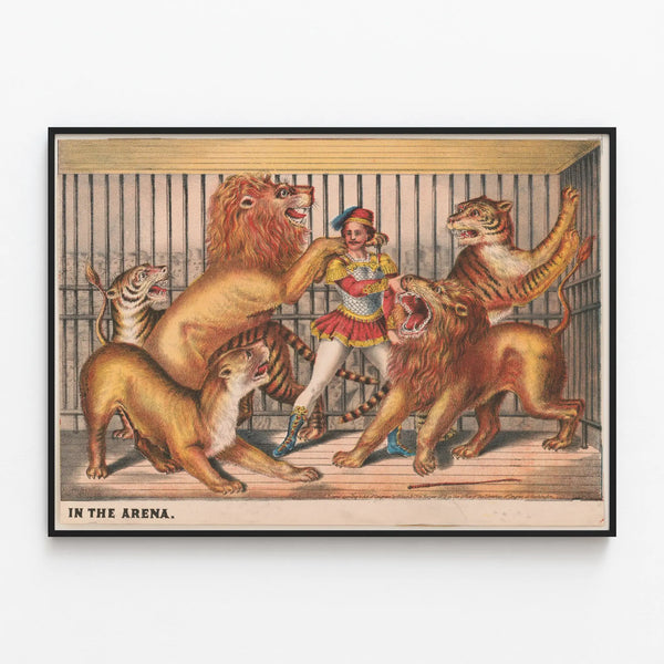 Vintage poster of a lion tamer in the arena — framed artwork on a wall