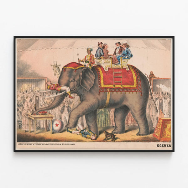 Vintage Circus Poster Elephant and Acrobats — framed artwork on a wall