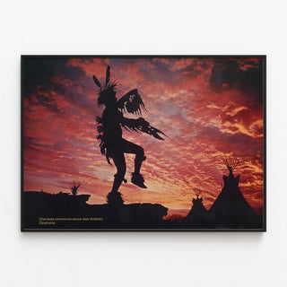 Cherokee Ceremonial Dance Poster at Sunset — framed artwork on a wall