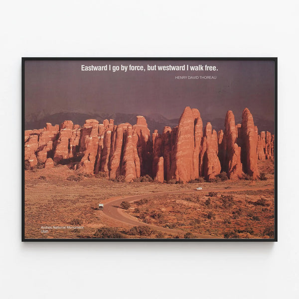 Decorative poster of the landscape Arches National Monument Utah — framed artwork on a wall
