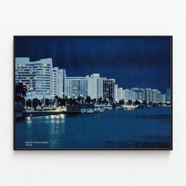 Miami Beach Night Skyline Poster — framed artwork on a wall
