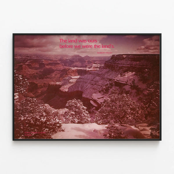 Winter Grand Canyon Poster with Quote by Robert Frost — framed artwork on a wall