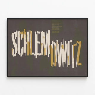 Typographic Design Poster Schlemowitz in White and Gold — framed artwork on a wall
