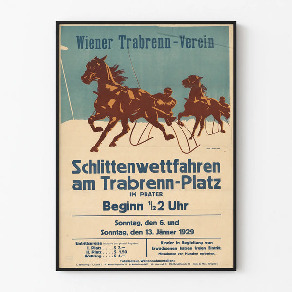 Vintage poster of the horse-drawn sled race at Trabrenn-Platz from 1929