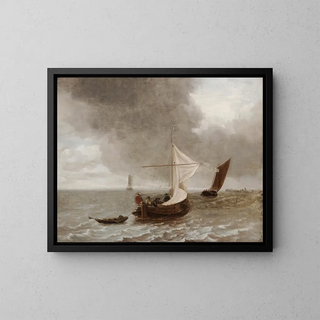 Sailboats in a Breeze - Jan van de Capelle School — framed artwork on a wall